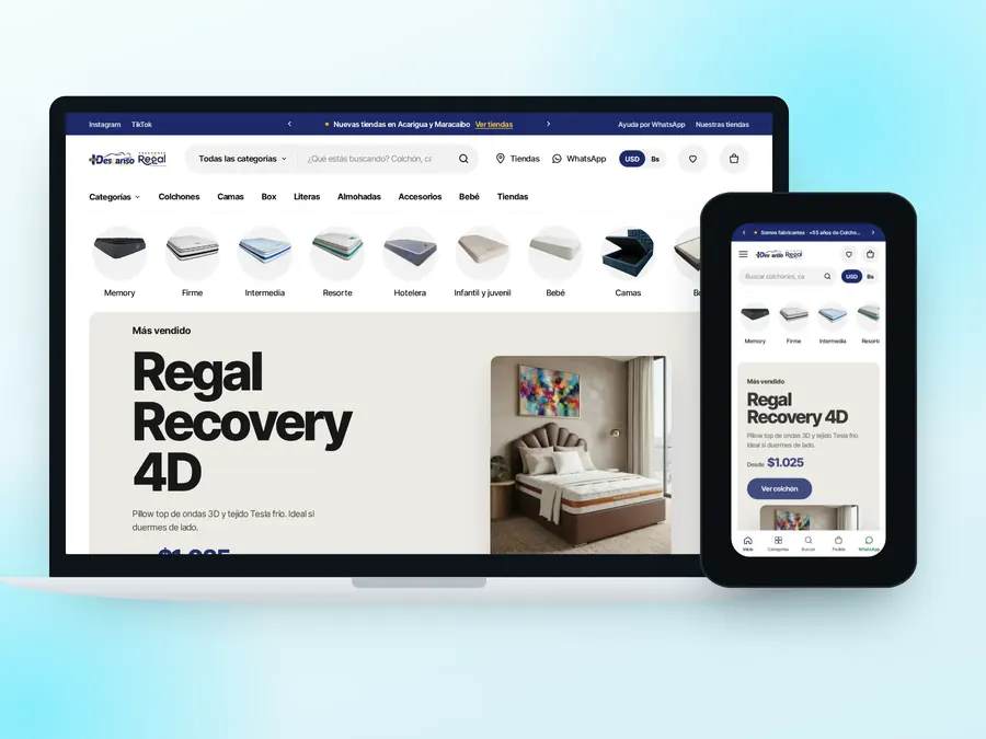 Tienda online de Más Descanso, hecha por Websiffy, en laptop y teléfono