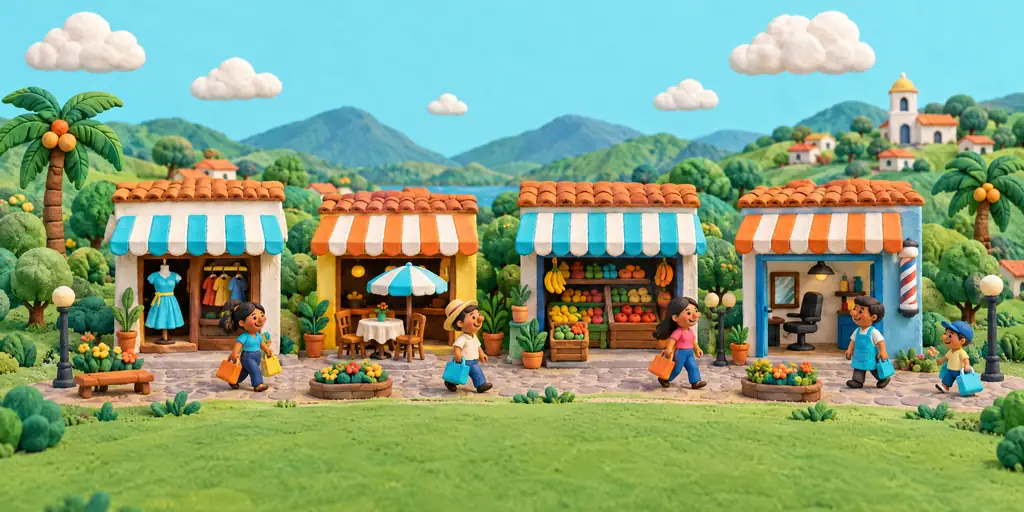 Escena de plastilina: una calle de pequeños negocios venezolanos con toldos de colores, palmeras y montañas al fondo