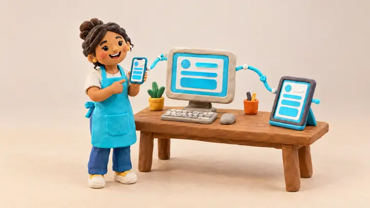 Escena de plastilina: una comerciante revisa en su teléfono la misma página web que se ve en su computadora y en su tablet