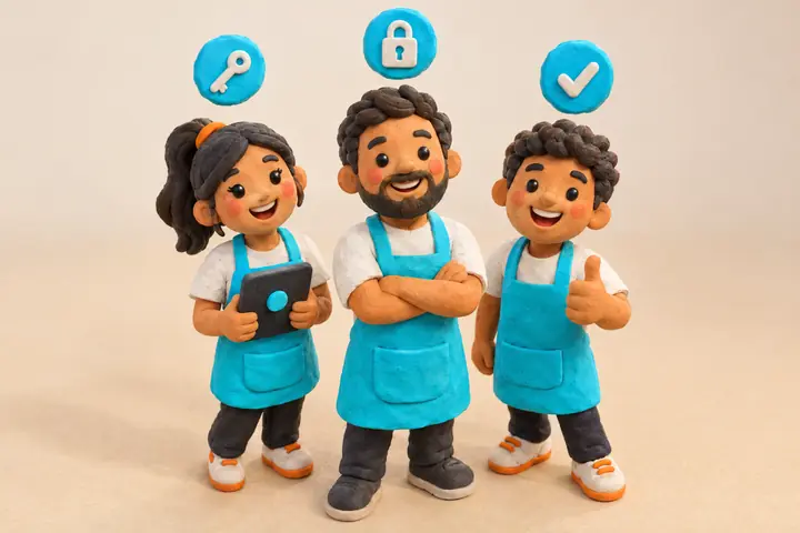 Escena de plastilina: tres personas del equipo sonríen con el pulgar arriba, listas para ayudarte
