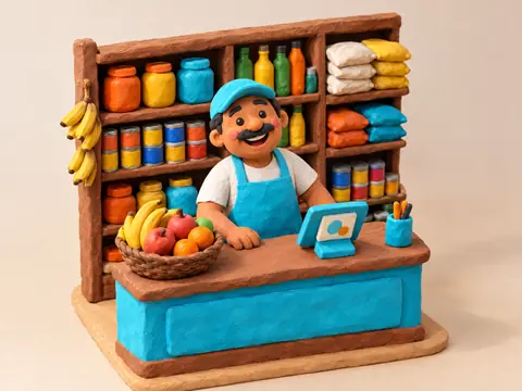 Escena de plastilina: el dueño de un comercio sonríe detrás del mostrador con los estantes llenos