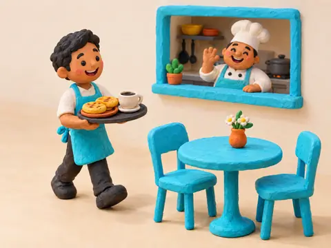 Escena de plastilina: un mesonero lleva arepas y café a una mesa mientras el cocinero sonríe desde la cocina