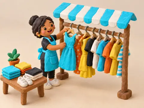 Escena de plastilina: una comerciante cuelga un vestido en el perchero de su tienda de ropa