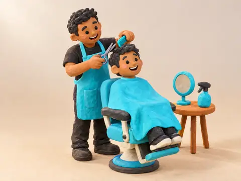 Escena de plastilina: un barbero le corta el cabello a un cliente sonriente